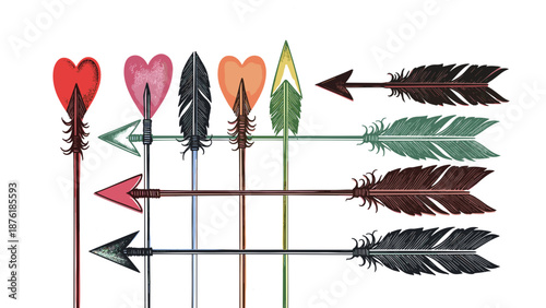 Collection of colorful traditional arrows with decorative tips and shafts