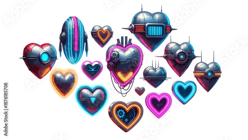 Collection of colorful futuristic robot hearts with metallic details