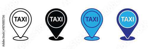 Vector illustration icon collection of four different colored taxi icons in pin or map marker shapes