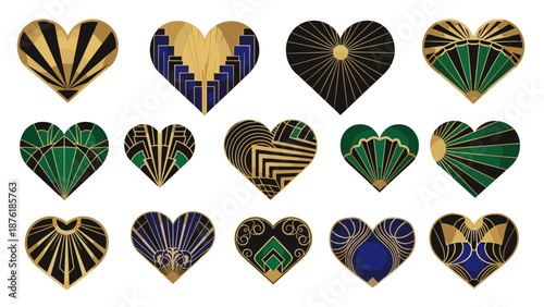 Set of decorative hearts with gold, black, green, and blue accents