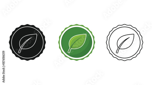 Set of three eco-friendly leaf icons in silhouette, color, and outline illustration representing nature and sustainability