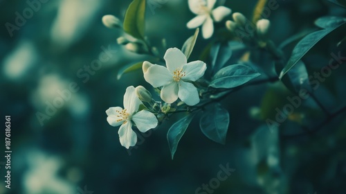 Close-up shot showcases delicate white flowers with yellow centers blooming on a vibrant green plant, creating a serene and natural aesthetic with soft lighting