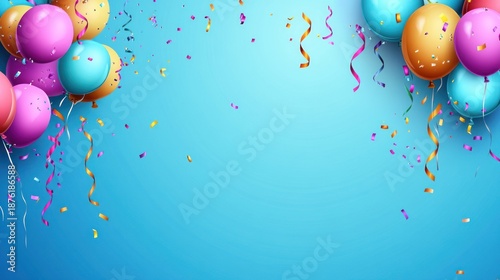 Colorful balloons and confetti float against a vibrant blue background, creating a festive and celebratory atmosphere, perfect for birthdays and special occasions