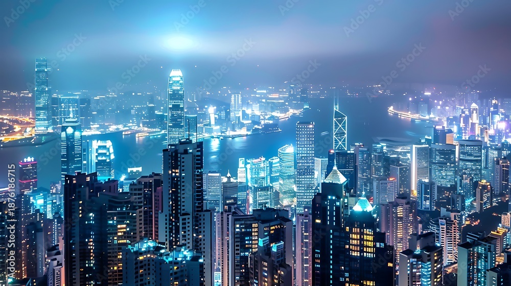 custom made wallpaper toronto digitalSpectacular nighttime panoramic view captures the dense, illuminated skyscrapers of a massive modern metropolis bordering a wide body of water under a hazy blue sky.