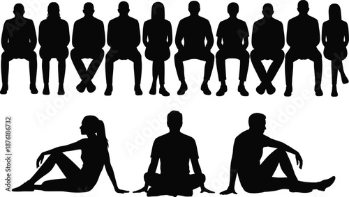 Silhouettes of People Sitting and Kneeling in Two Rows
