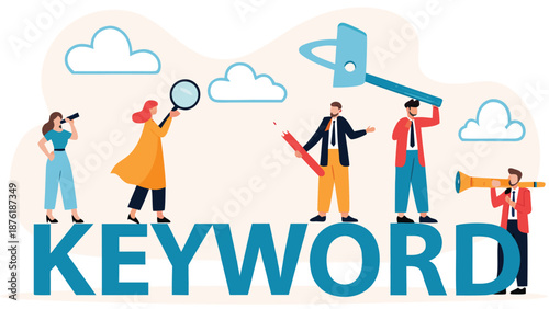 Business team search keyword on desk connect to keyword text metaphor of search best keyword. Illustration For Wallpaper, Banner, Background, Book Illustration, And Web Landing Page. 
