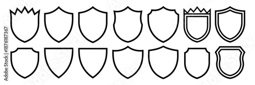 Vector illustration icon collection of various shield shapes and symbols in black outline