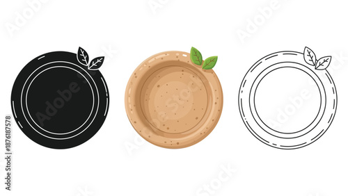 Set of three eco-friendly wooden plate icons in silhouette, color, and outline illustration decorated with leaves