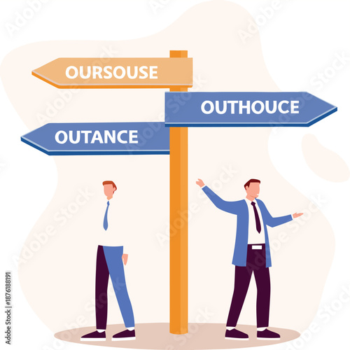 Outsource or inhouse - signpost. Businessman in front of a road sign. The choice of man. Banner outsourcing concept. 