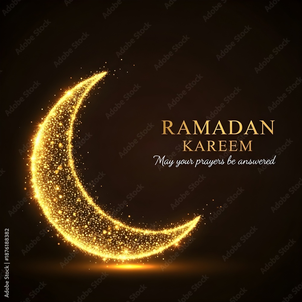 Fototapeta premium Ramadan Kareem greeting card with golden crescent moon and festive sparkling lights