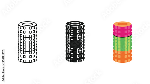 Colorful segmented cylindrical shapes with patterns