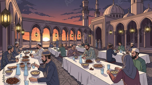 Muslim community breaking fast together at Iftar communal dining in courtyard of mosque at sunset Ramadan celebration
