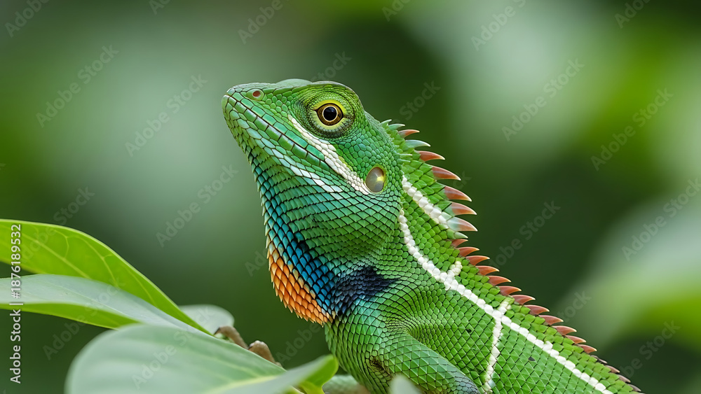 Fototapeta premium Vibrant green oriental garden lizard perched on tropical foliage close up macro shot of colorful reptile with detailed scales and orange throat patch in lush exotic rainforest environment setting