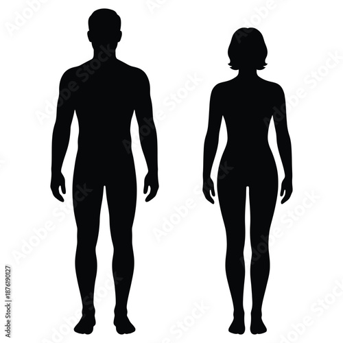 Silhouettes of a man and a woman standing side by side depicting human forms in black