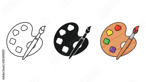 Three Paint Palettes with Brushes in Different Styles