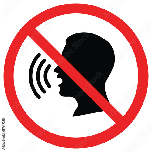 A clear depiction of a prohibition sign showing a face with a red line indicating silence