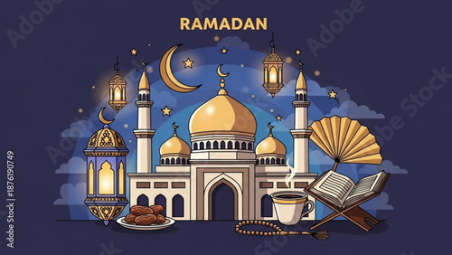Ramadan mosque illustration with crescent moon lanterns and holy book representing Islamic culture and celebration perfect for religious eve