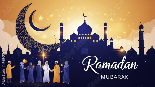 Ramadan Mubarak greeting card crescent moon and mosque silhouette with people celebrating Islamic holiday illustration for invitation and ba