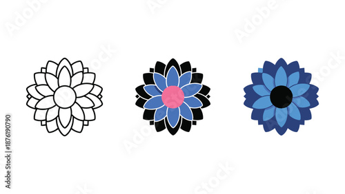 Three Stylized Flower in Different Color Schemes petals