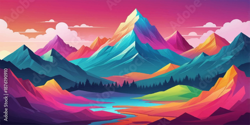 Dreamy abstract mountain landscape featuring a winding river, glowing gradients, and surreal atmosphere, perfect for digital art, wallpapers, and storytelling visuals.