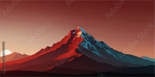 Dramatic high-contrast mountain peak with red and deep blue shadows under a dark orange sky; minimalist flat vector landscape illustration.