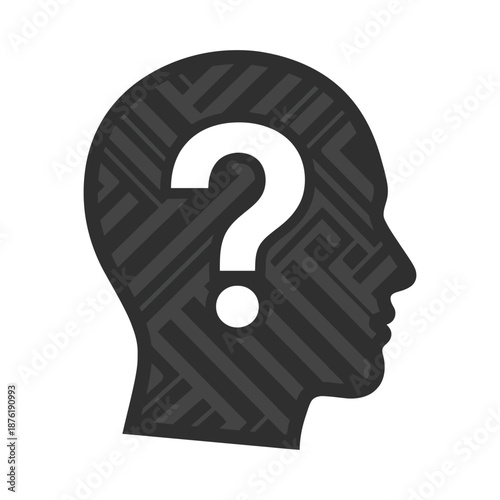 A human head silhouette contains a white question mark symbolizing thought uncertainty and intellectual inquiry
