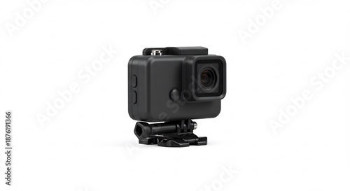 純粋な白背景で際立つ堅牢なブラックアクションカメラが魅力スポーツやアウトドアの躍動的な瞬間をクリアに捉え鮮明な思い出を記録できるコンパクトで信頼性の高いデジタルデバイス. AI Generated