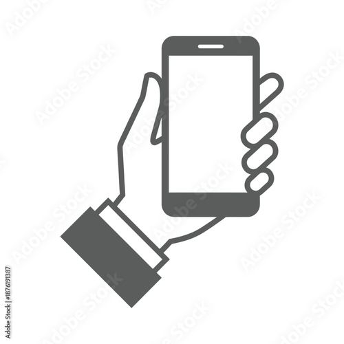 A black and white illustration depicts a hand holding a modern smartphone with a blank screen