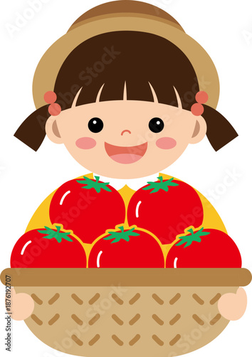토마토 바구니를 들고 있는 여자 아이