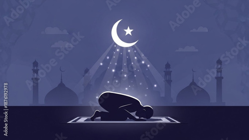 Muslim man praying on a rug under a crescent moon and stars symbolizing Islamic faith and spirituality suitable for Ramadan or Eid