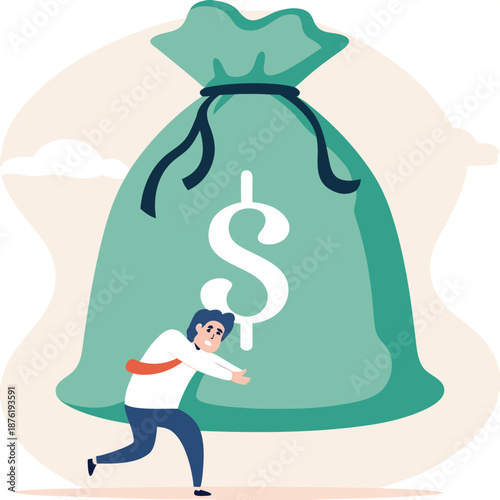 Businessman bent over by huge money bag 