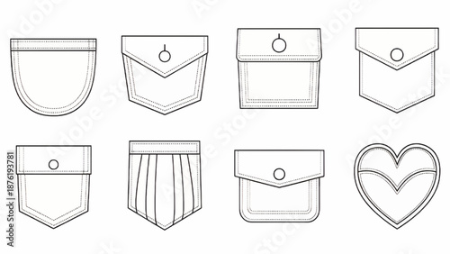 Set of patch pocket icons for denim pants and other clothing. Isolated line vector illustration on white background