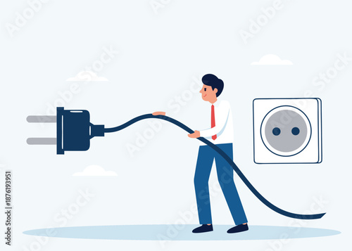 Electric plug with spark. Businessman turns off an electric plug with power outlet. Vector illustration design. 