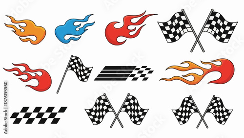Racing flags and stylized flames, vector graphics for automotive or sports themes