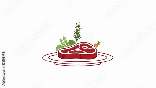 Raw steak on a plate with vegetables and herbs