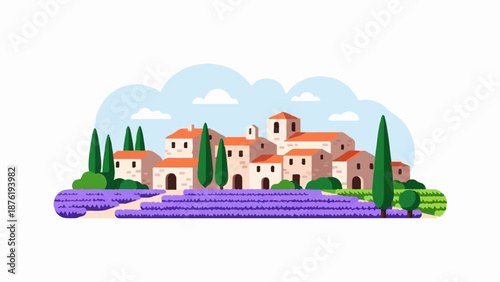 Quaint village with terracotta roofs sits amidst lush green trees and vibrant lavender fields