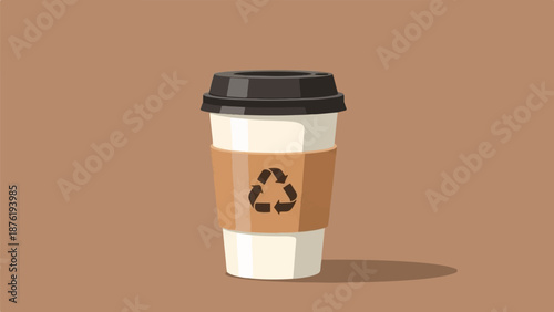 Recyclable coffee cup with lid and sleeve on a muted brown background