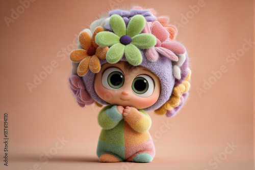 Un adorable personaje con un gorro de flores mira fijamente a la cámara con ojos grandes y expresivos.