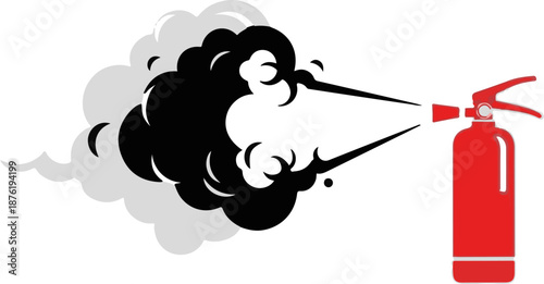Red fire extinguisher spraying black and grey smoke on white background