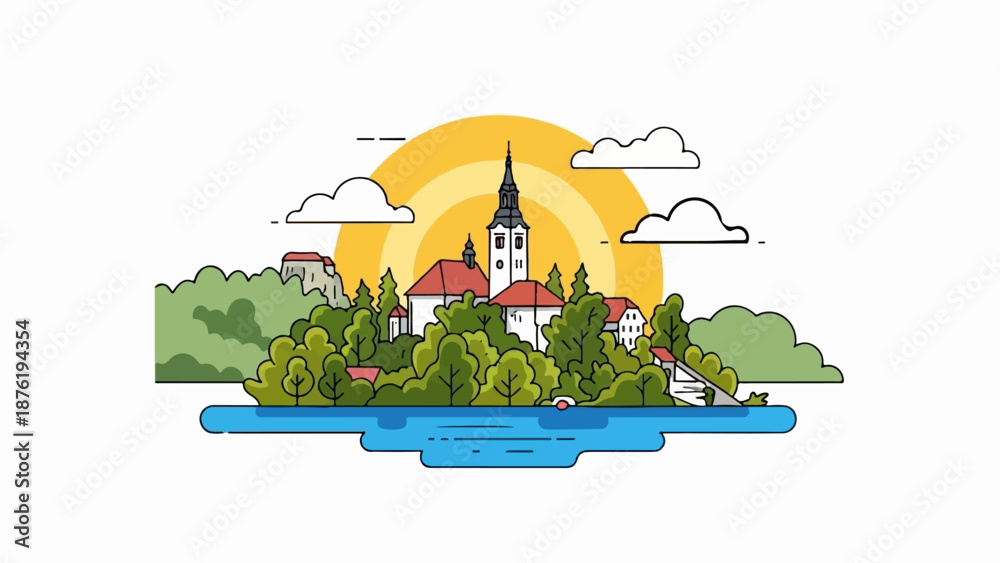 Obraz premium Serene lakeside village with church spire under a radiant sun