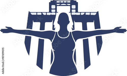 Silhouette of a woman with arms outstretched in front of a stylized architectural structure