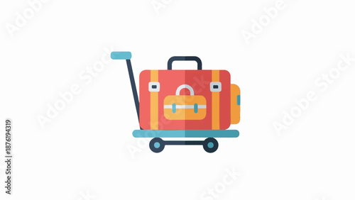 Red luggage on a blue wheeled cart with a black handle