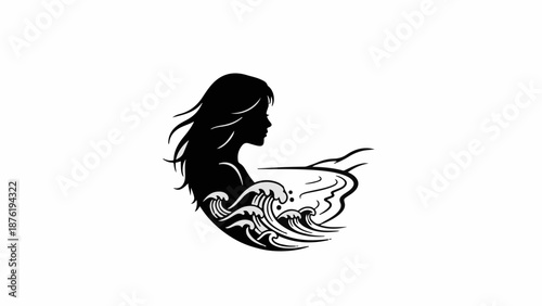 Silhouette of a woman with flowing hair above ocean waves