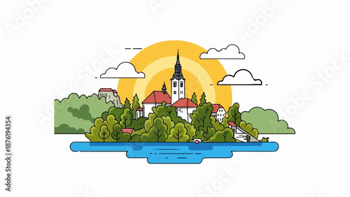 Serene lakeside village with church spire under a radiant sun