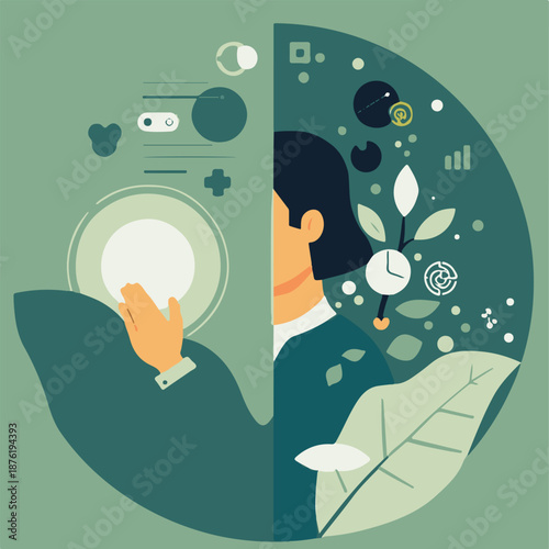 Digital Wellness and Mental Health Balance Illustration with Technology and Nature Concept