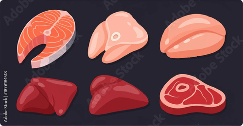 Six types of raw meat and fish arranged in two rows