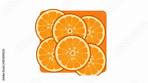 Six vibrant orange slices arranged in a cluster on a solid orange background