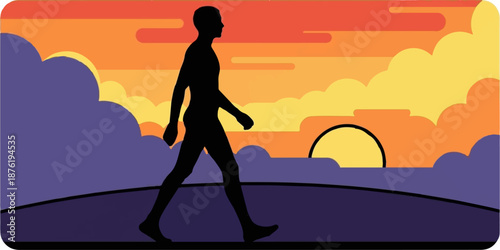 Silhouette of person walking against a vibrant sunset sky with stylized clouds