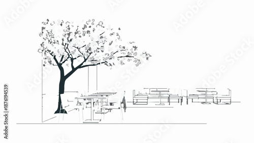Sketch of a tree and outdoor cafe seating