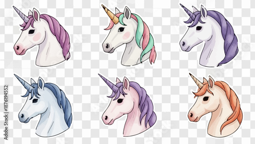 Six watercolor unicorn heads with colorful manes and horns on a transparent background